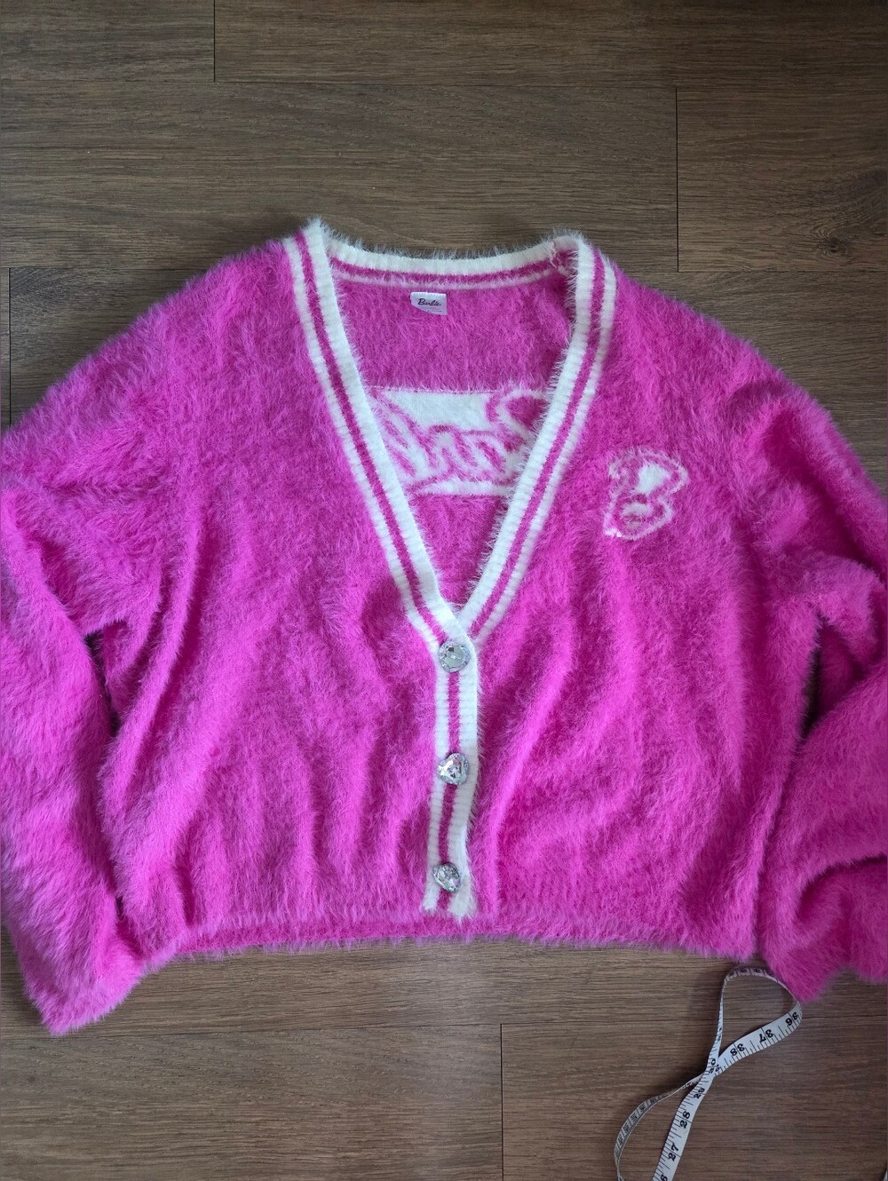 Barbie Mattel Hot Pink Fuzzy V-Neck Button Cardigan